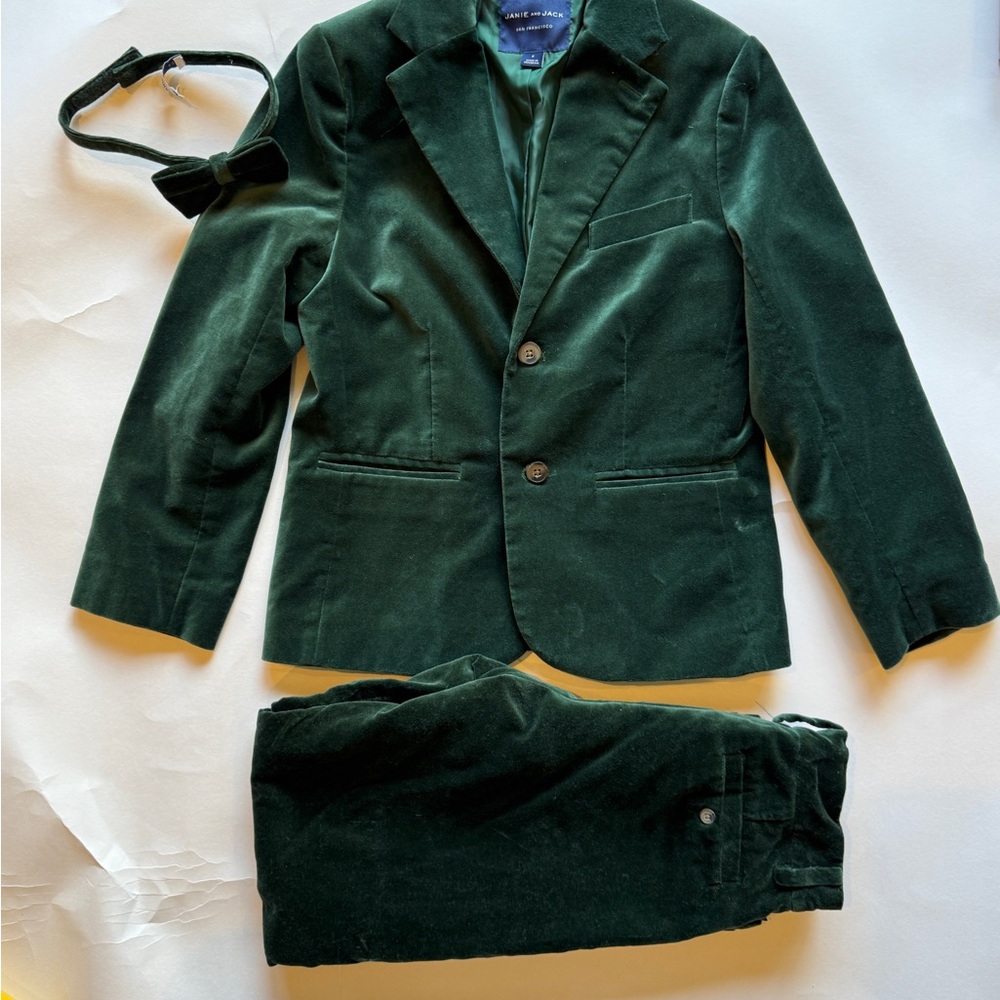 Janie and Jack Forest Green Velvet Suit with bow tie